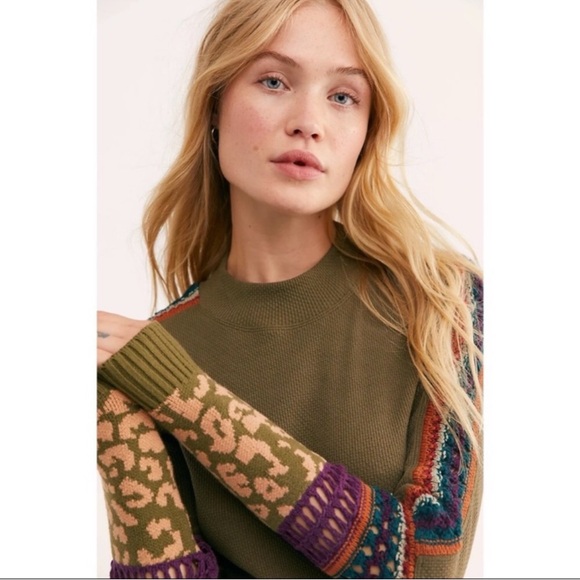 Free People Olive Green Switch It Up Crochet Trim Long Sleeve Thermal Top Large - Picture 6 of 16